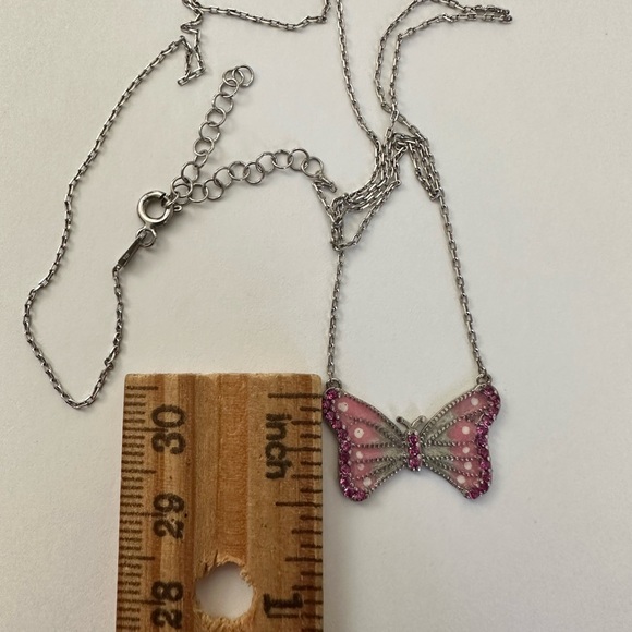 925 Silver butterfly necklace cz stones and pink white handmade enamel - Picture 3 of 6